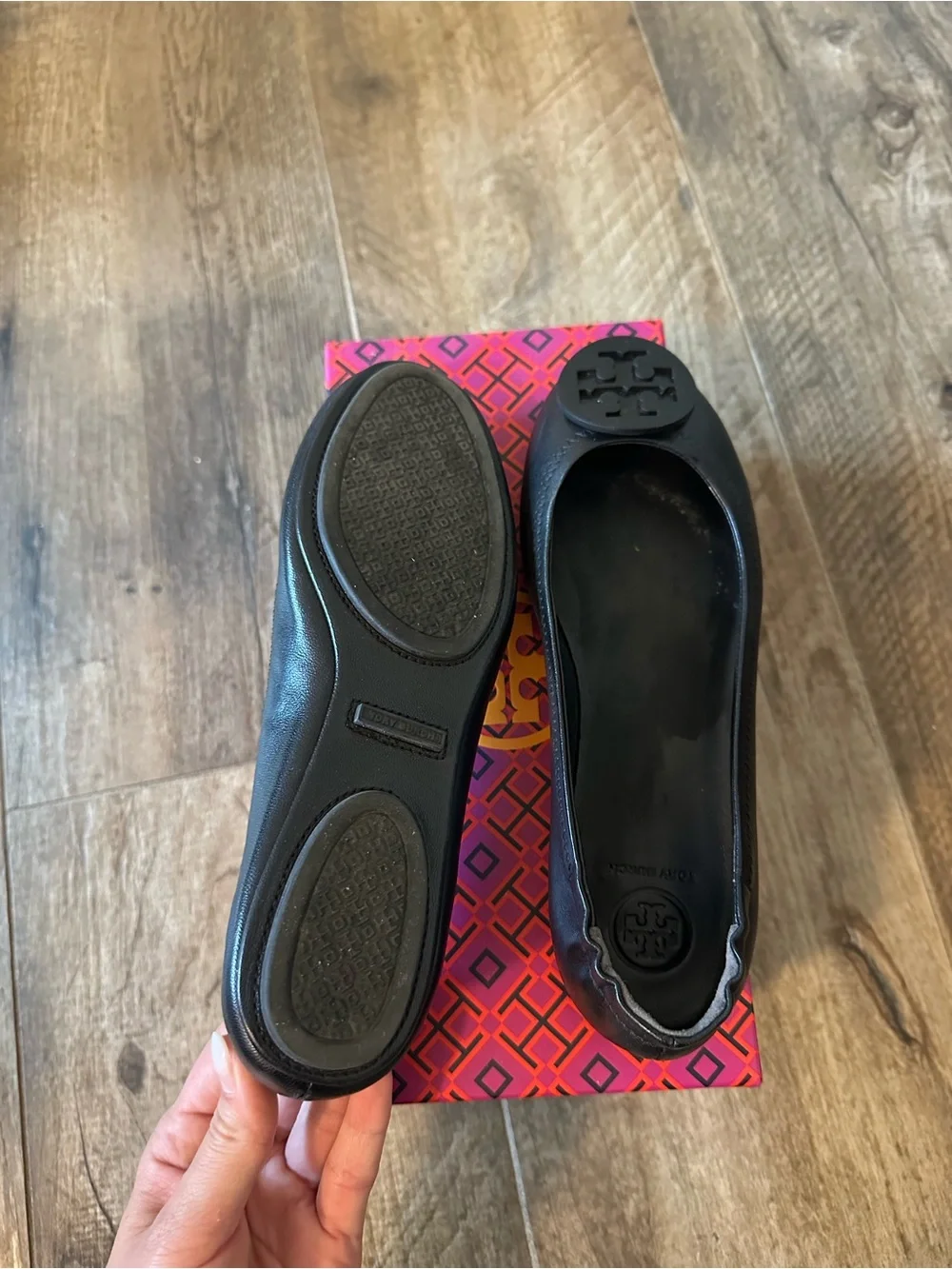 Tory Burch Black Minnie Travel Leather Logo Ballet Flats